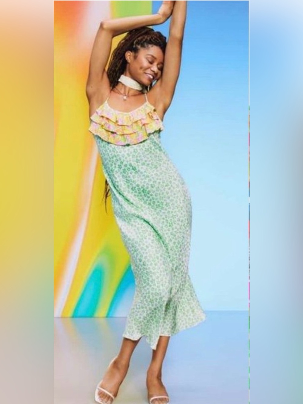 Rixo white Maxi Sundress w/Green animal print & pink orange ruffle top SizeLarge